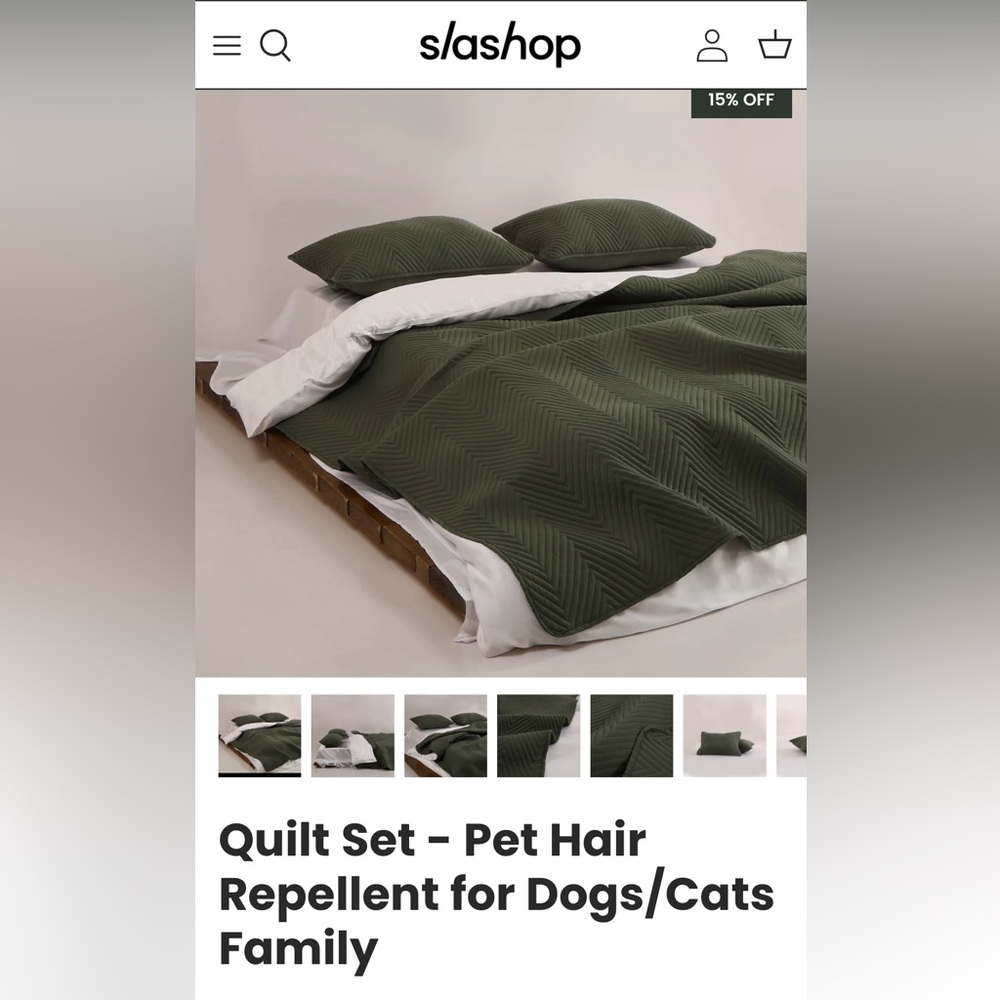 Slashop Queen quilt and shams, NWOT - olive green